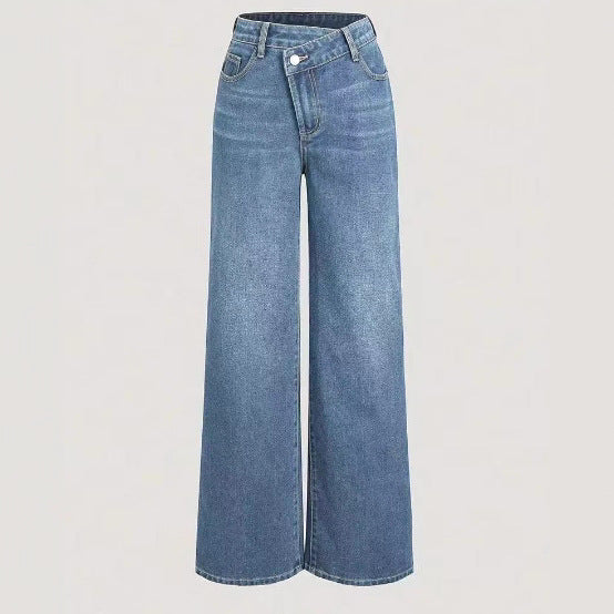 Damen Weite Denim-Hose Hochbund Klassisch Blau Eveloria