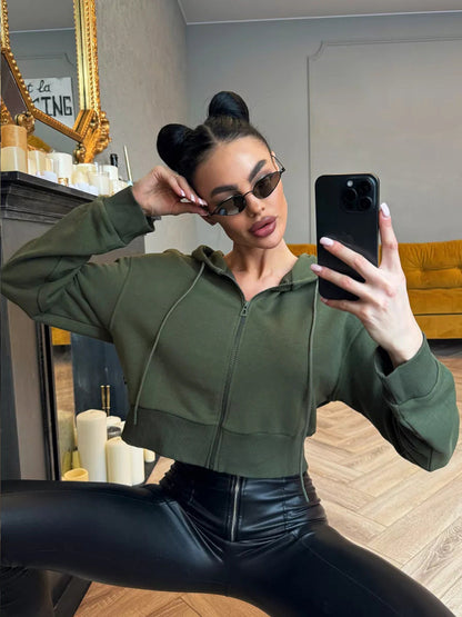 Damen Cropped Hoodie Sportlich mit Kängurutasche und weiten Ärmeln