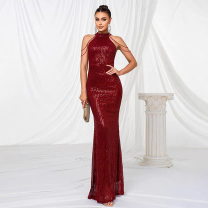 Eveloria Damen Abendkleid Langarm Pailletten Hochkragen