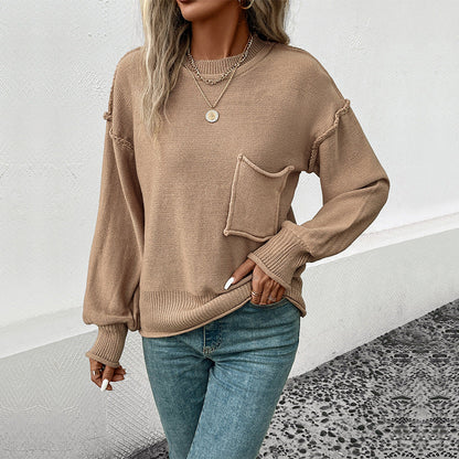 Damen Strickpullover mit Brusttasche und Details Beige