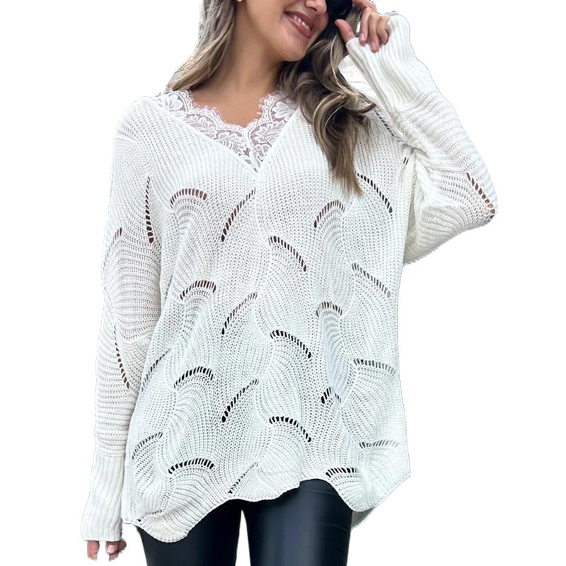 Damen Strickpullover V-Ausschnitt Filigran Lochmusterung Eveloria