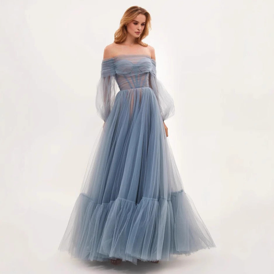 Damen Cocktailkleid Tüll Schulterfrei Voluminöse Ärmel Eveloria