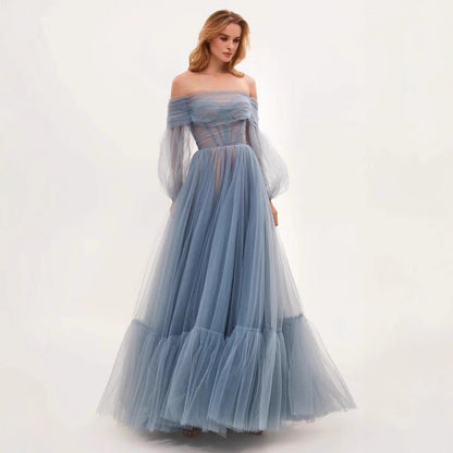 Damen Cocktailkleid Tüll Schulterfrei Voluminöse Ärmel Eveloria