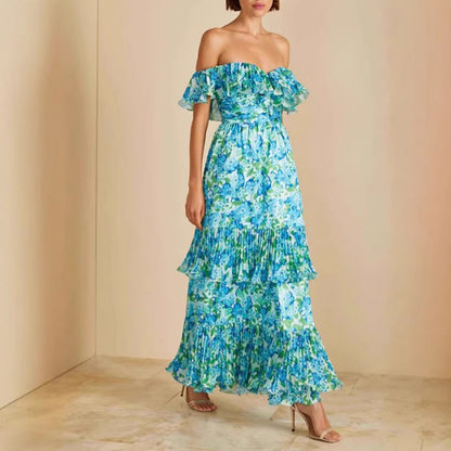 Damen Maxi-Kleid Voluminöse Rüschen Florales Design