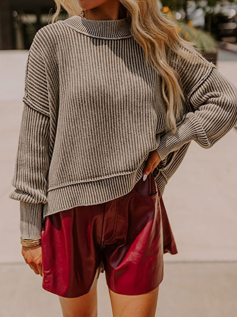 Damen Rollkragenpullover Oversized Feinestreifen