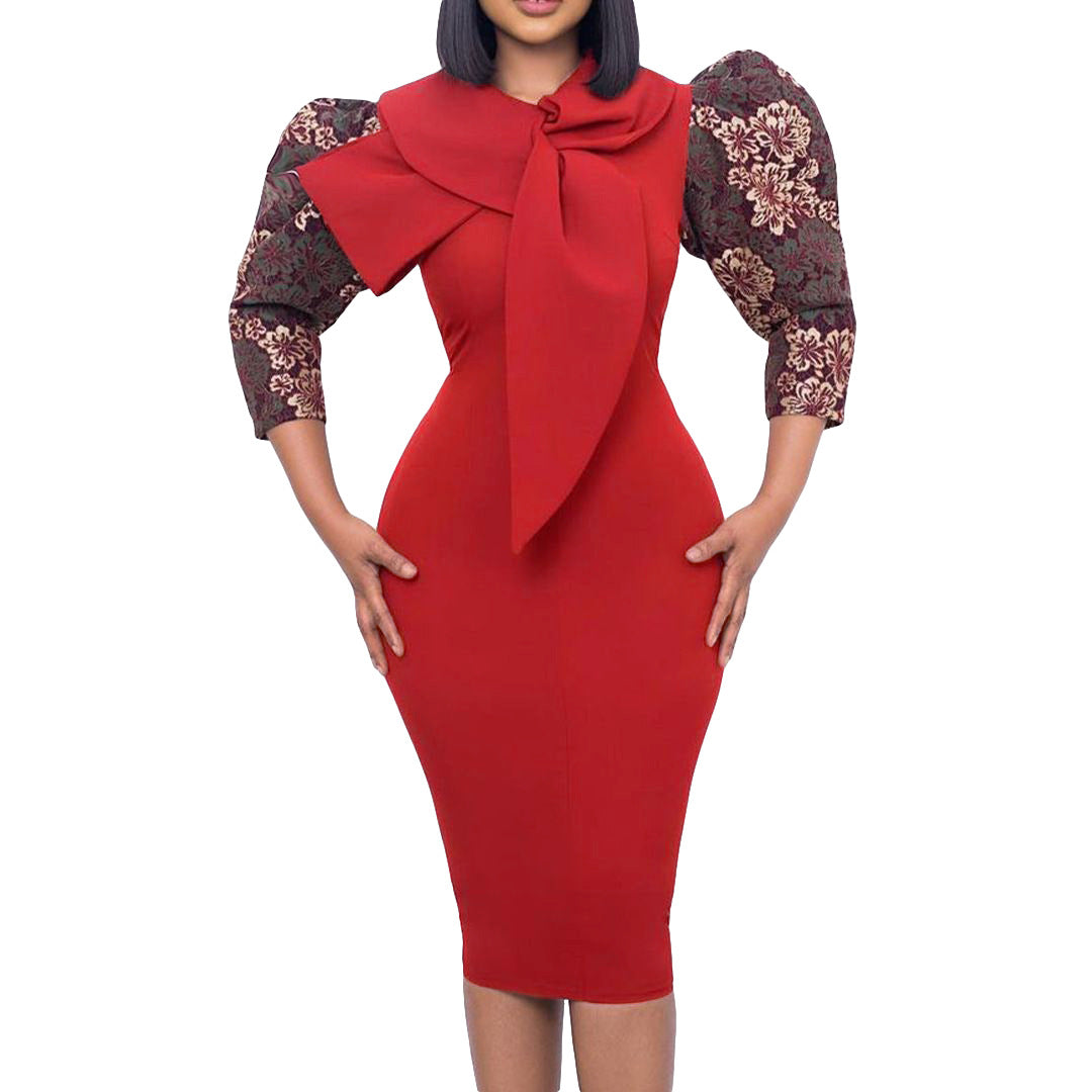 Damen Kleid mit Statement-Kragen und floralem Ärmel Eveloria