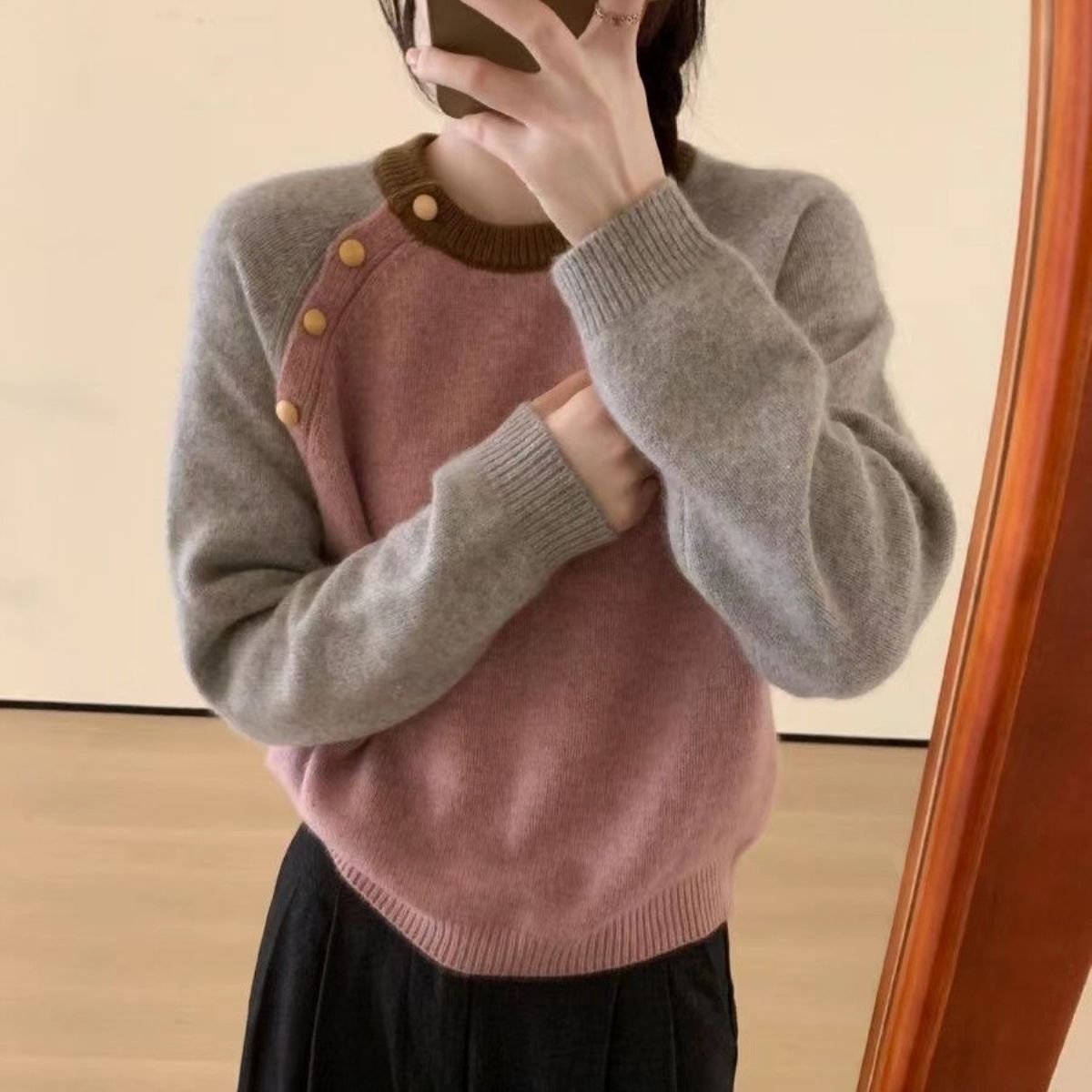 Damen Strickpullover Große Knöpfe Kuschelig Grau Eveloria