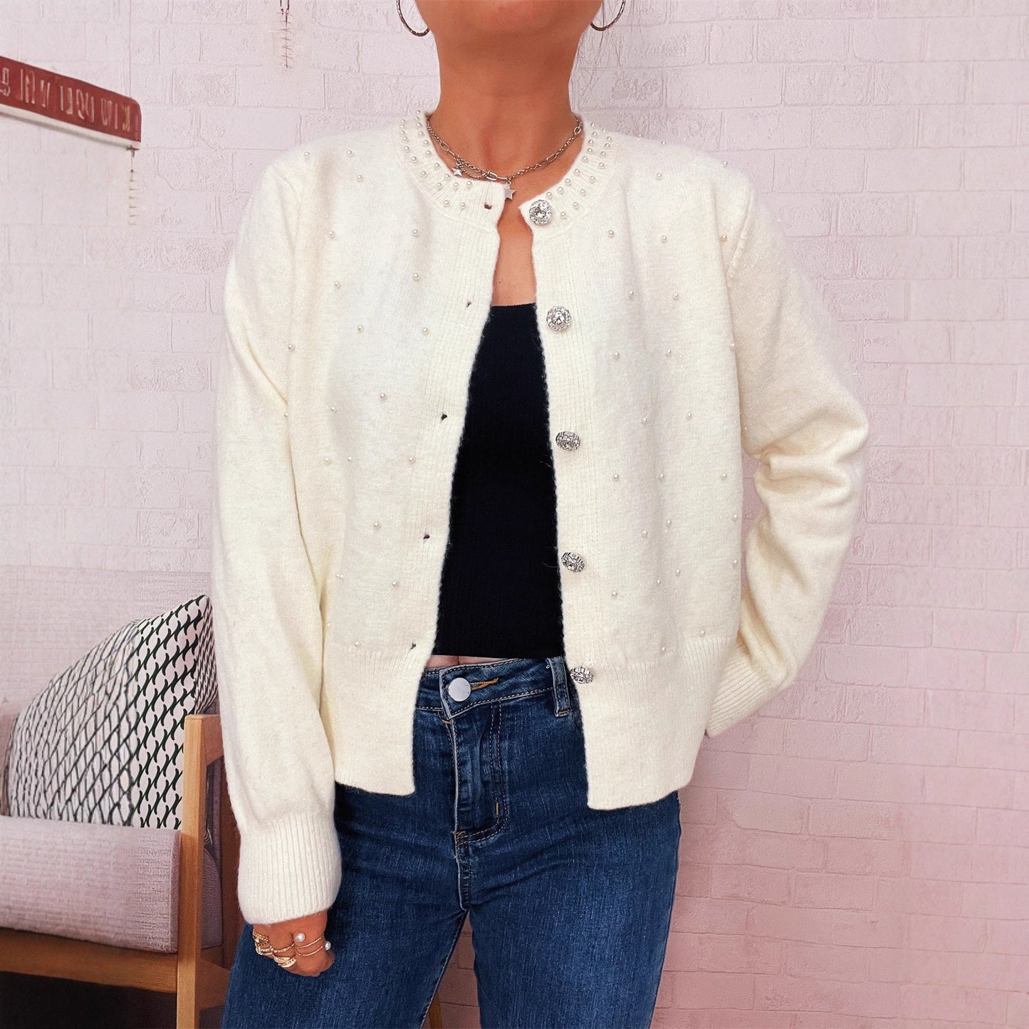 Damen Strickjacke Perlenbesatz Eveloria