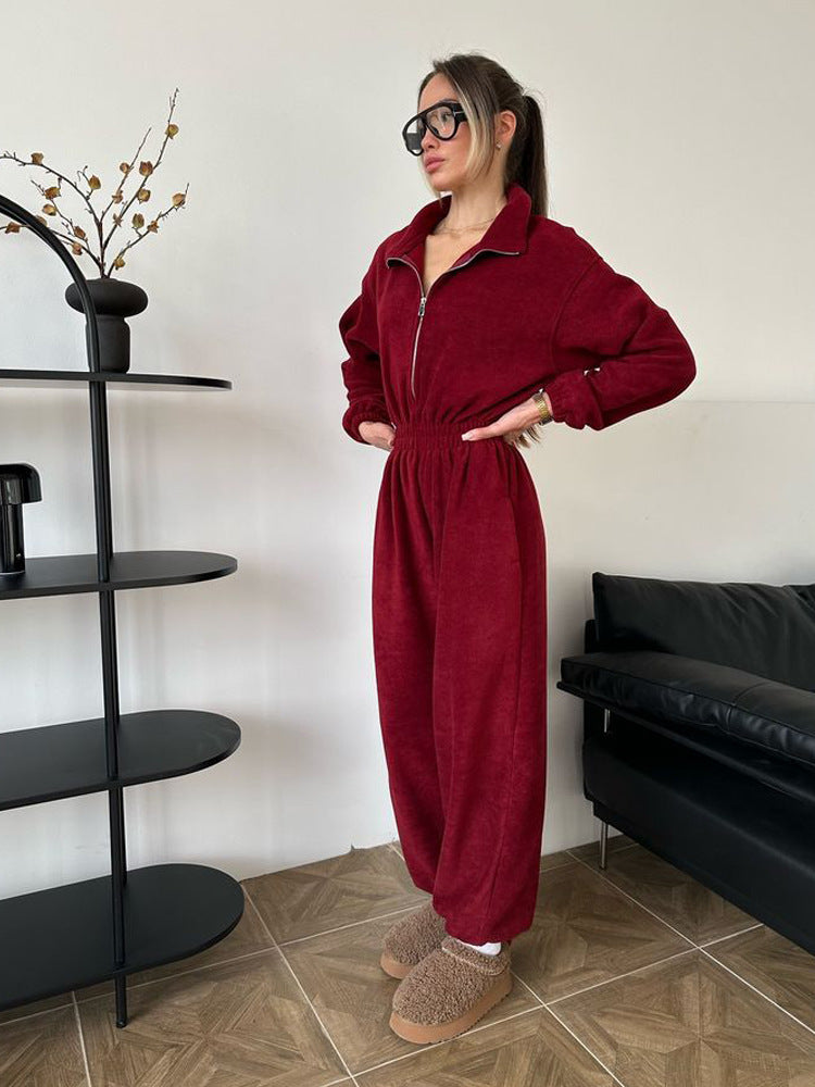Damen Fleece-Jumpsuit Oversized Stehkragen Elastisch Eveloria
