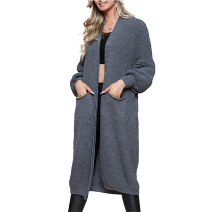 Damen Cardigan Grobstrick Offene Taschen Lässig Beige