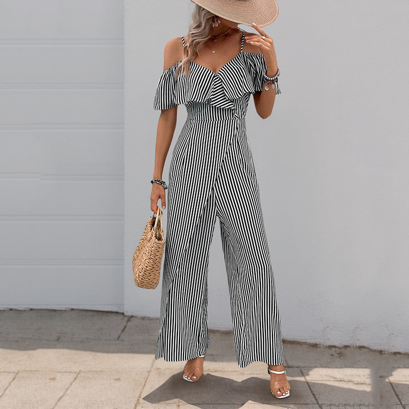 Damen Jumpsuit Schulterfrei Gestreift Eveloria