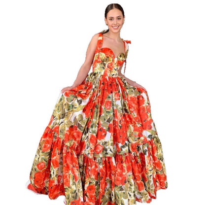 Damen Maxikleid Floral Rüschendetails Schwingender Rock Eveloria