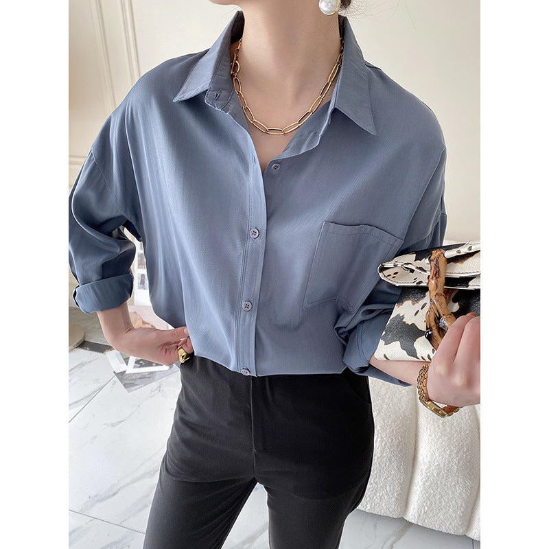 Damen Oversized Hemdbluse Atmungsaktiver Baumwollmix Mit Brusttasche