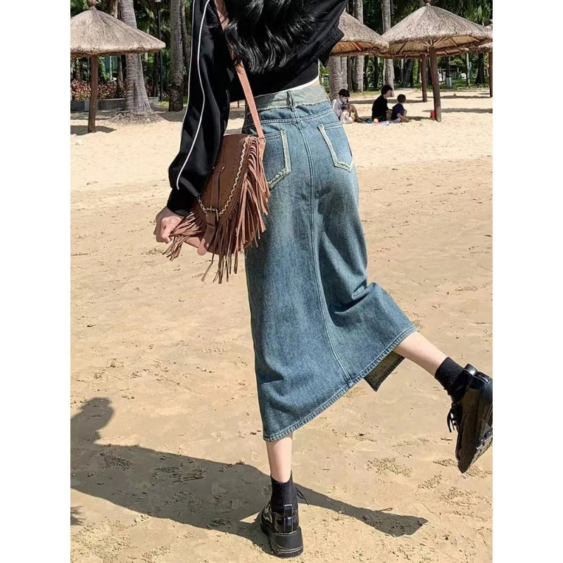 Damen Denim-Rock Lang Hochteilung Blau Eveloria
