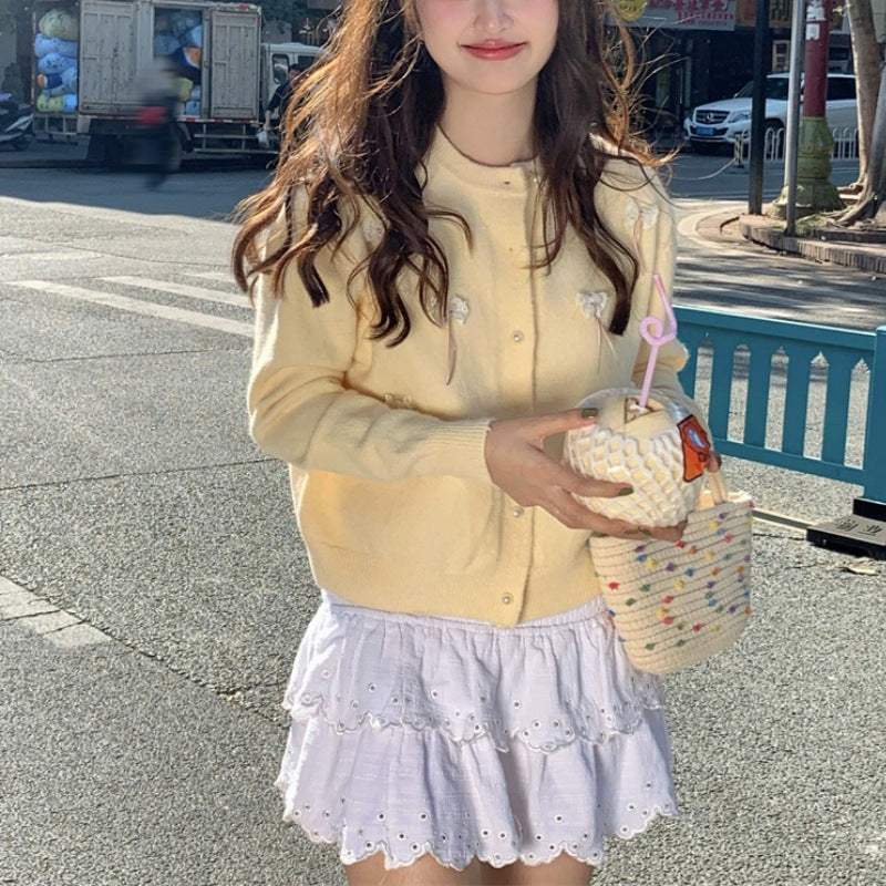 Damen Strickjacke Kawaii mit Schleifen und Perlen