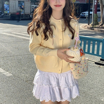 Damen Strickjacke Kawaii mit Schleifen und Perlen