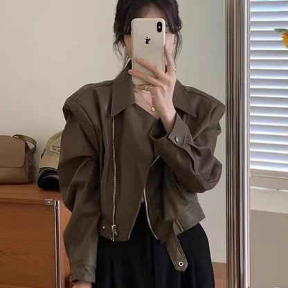Damen Lederjacke Biker-Style Asymmetrischer Reißverschluss Schwarz - Eveloria