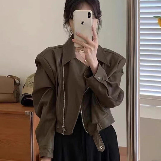 Damen Lederjacke Biker-Style Asymmetrischer Reißverschluss Schwarz - Eveloria