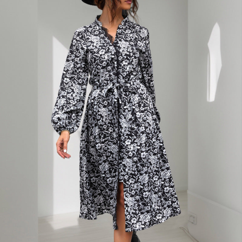 Damen Kleid Lang Floralmuster Elegante Taillierung - Eveloria