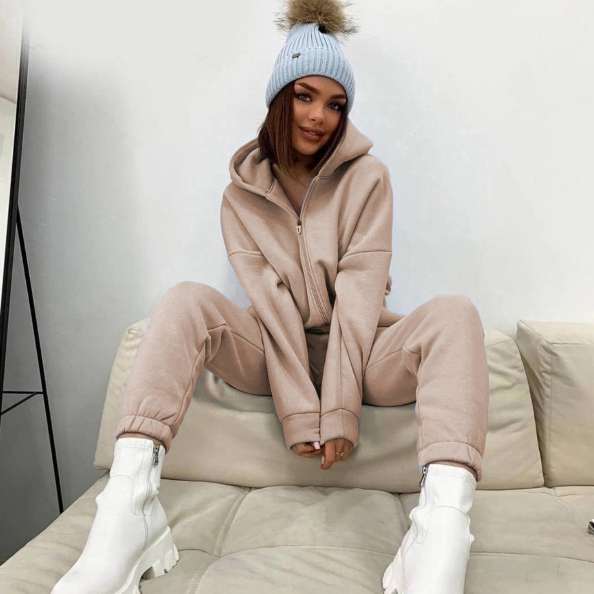 Damen Fleece-Jumpsuit mit Kapuze und Reißverschluss Eveloria