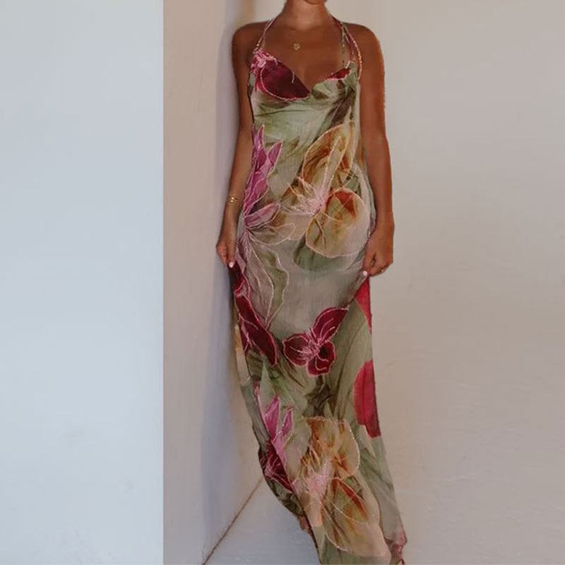 Damen Maxikleid Blumenmuster Durchsichtig Schlank Eveloria