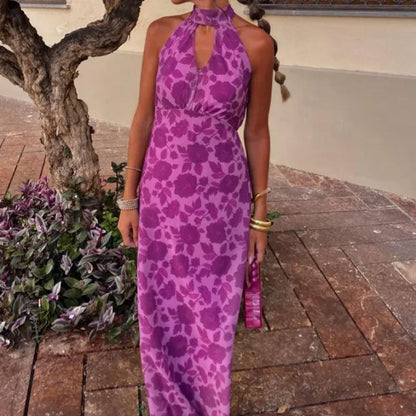 Damen Maxikleid Floralmuster Schlüssel-Ausschnitt - Eveloria