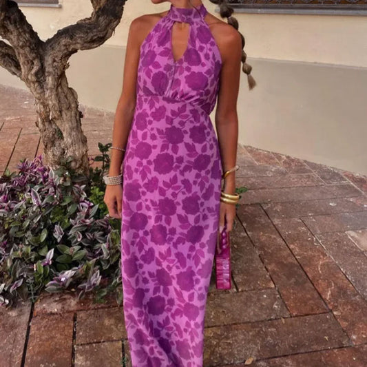 Damen Maxikleid Floralmuster Schlüssel-Ausschnitt - Eveloria