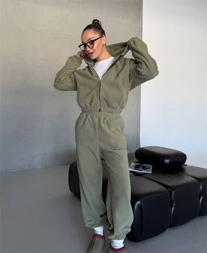 Damen Fleece-Loungewear-Set Cropped Jacke Jogginghosen Beige