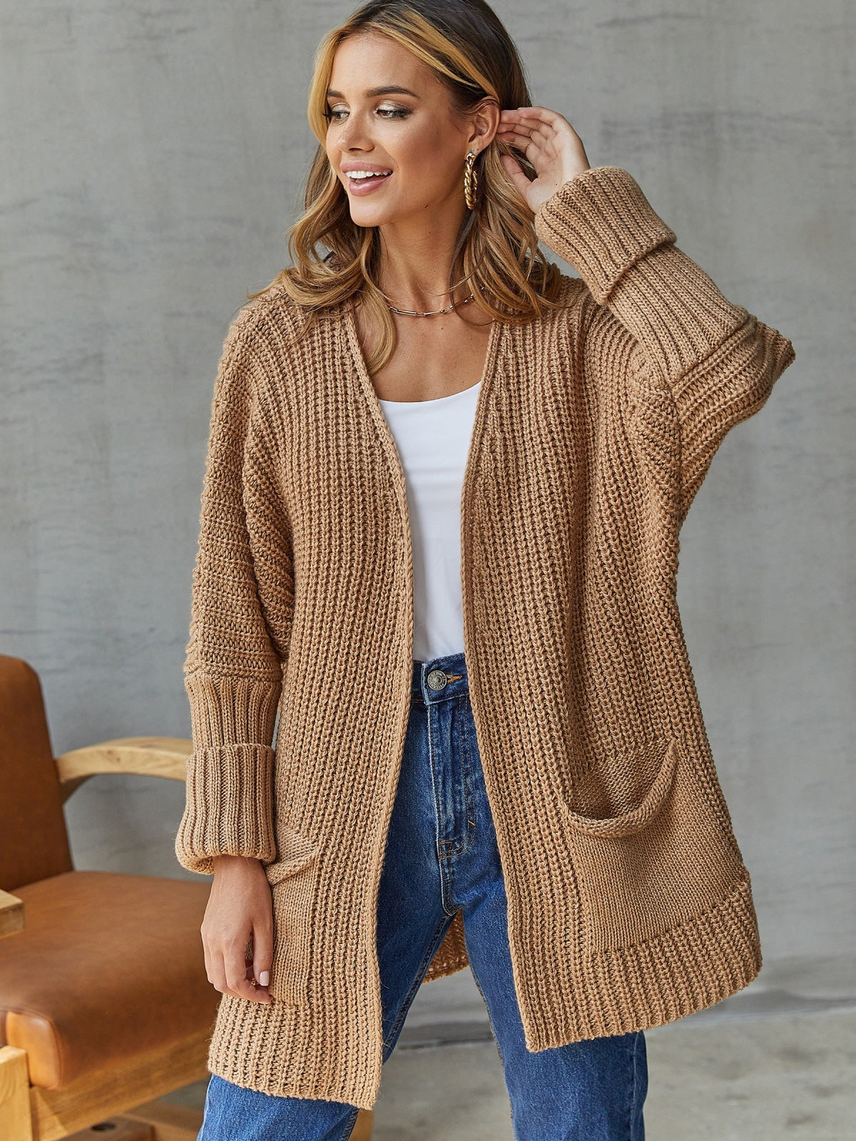 Damen Strickjacke Offene Front Große Taschen Eveloria