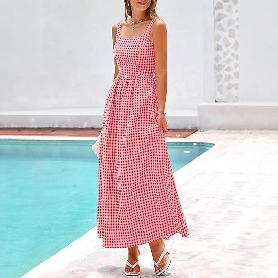 Damen Maxikleid Karomuster Elastisch