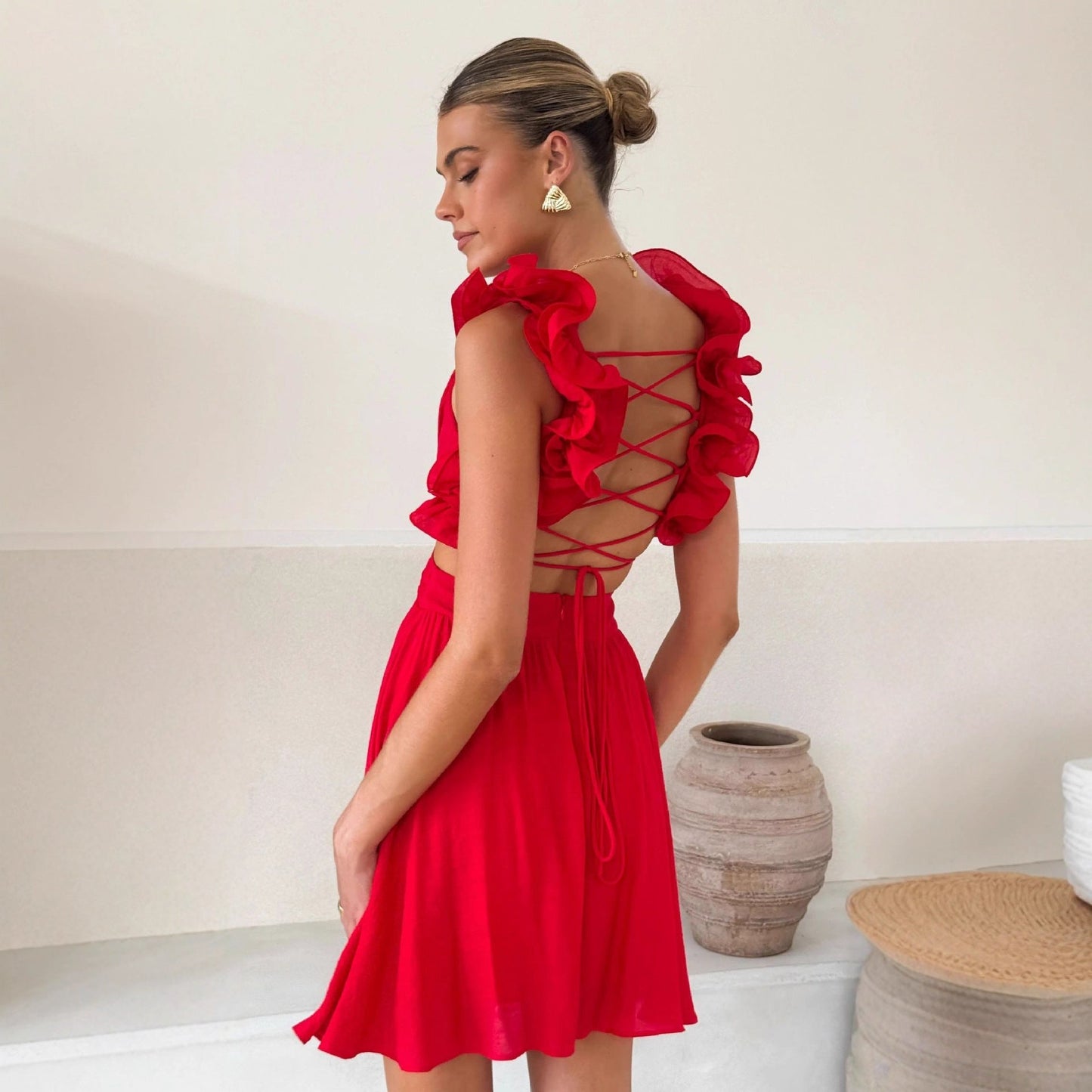 Damen Sommerkleid Rüschendetails Tailliert Eveloria