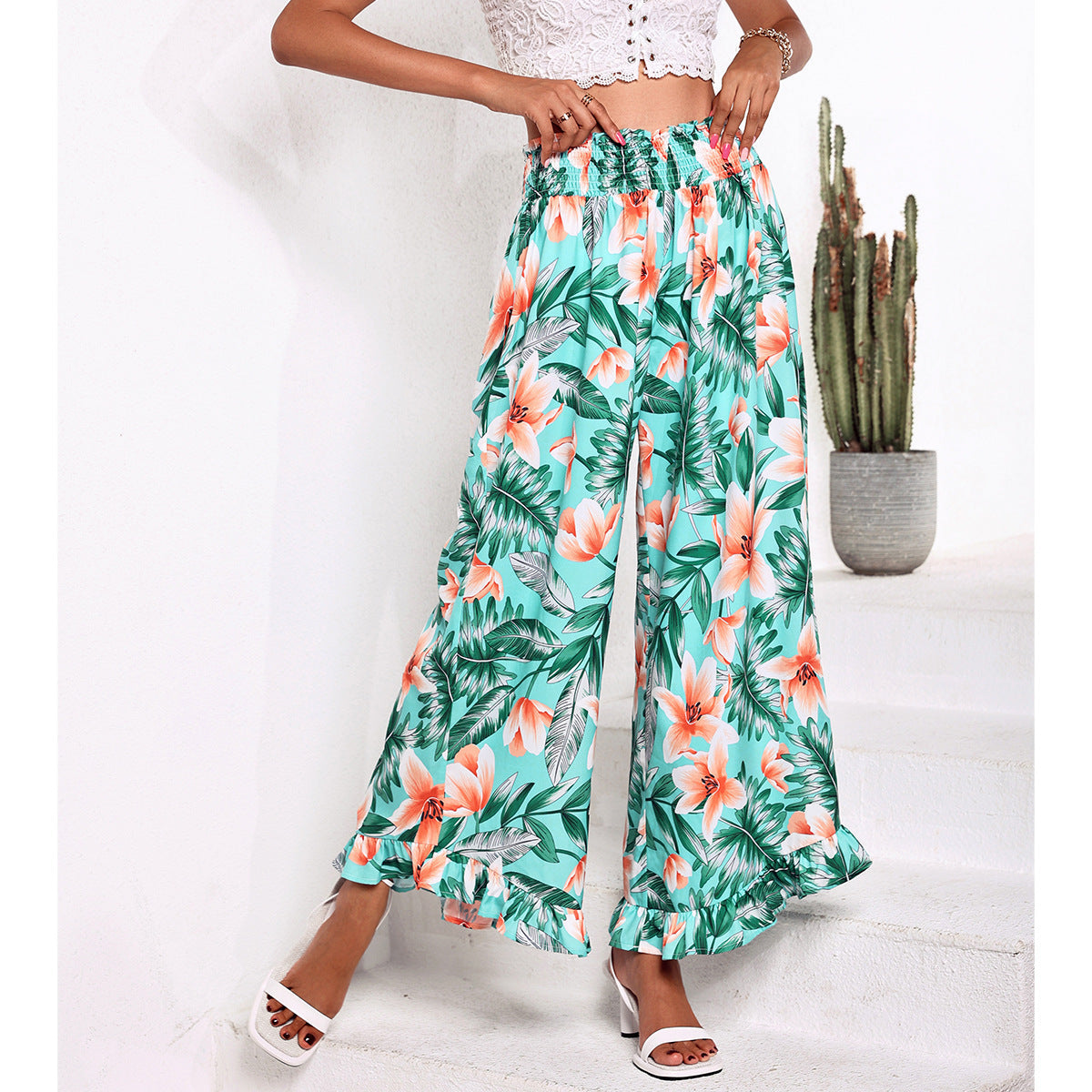 Damen Strandhose Elastischer Bund Floralmuster Eveloria - Eveloria