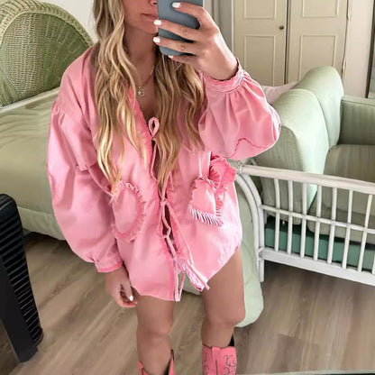 Damen Bluse mit Herz-Applikationen Rüschendetails