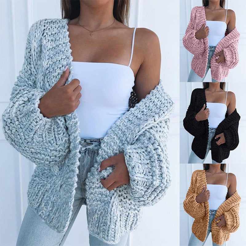 Damen Grobstrick-Cardigan Oversized Lässig Beige - Eveloria