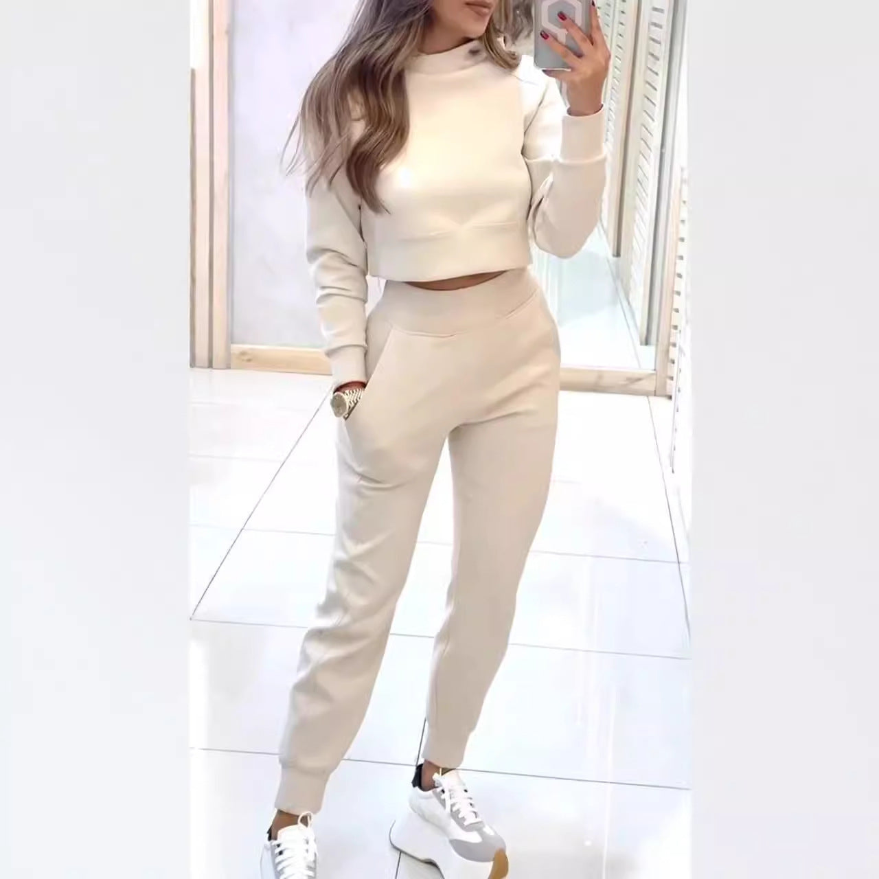 Damen Sweatpants-Set Hochkragen Cropped Oberteil Grau - Eveloria