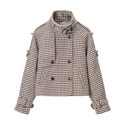 Damen Tweedjacke Doppelter Knopfleiste Dekorative Details Braun