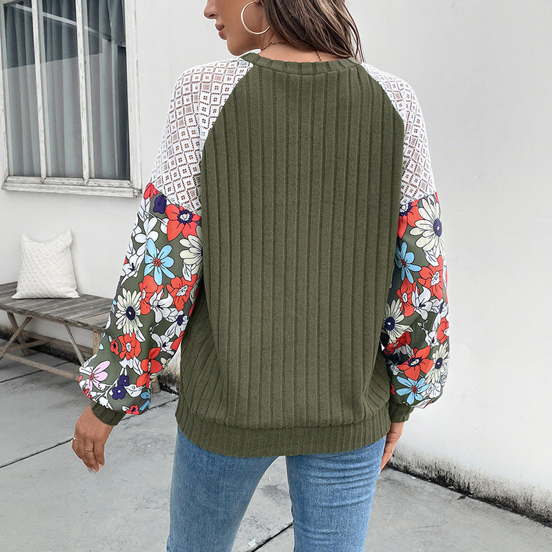 Damen Strickpullover Bunt Blumenärmel Rippenstruktur