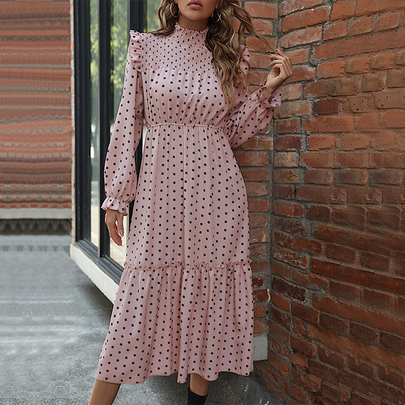 Damen Maxikleid mit Rüschen Punktmuster Eveloria
