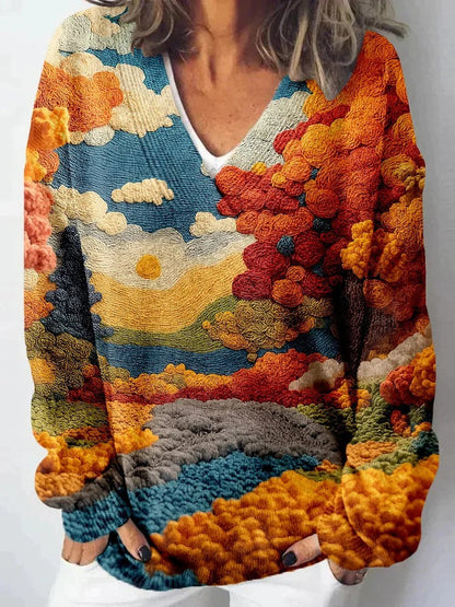 Damen Strickpullover Landschaftsmuster Eveloria