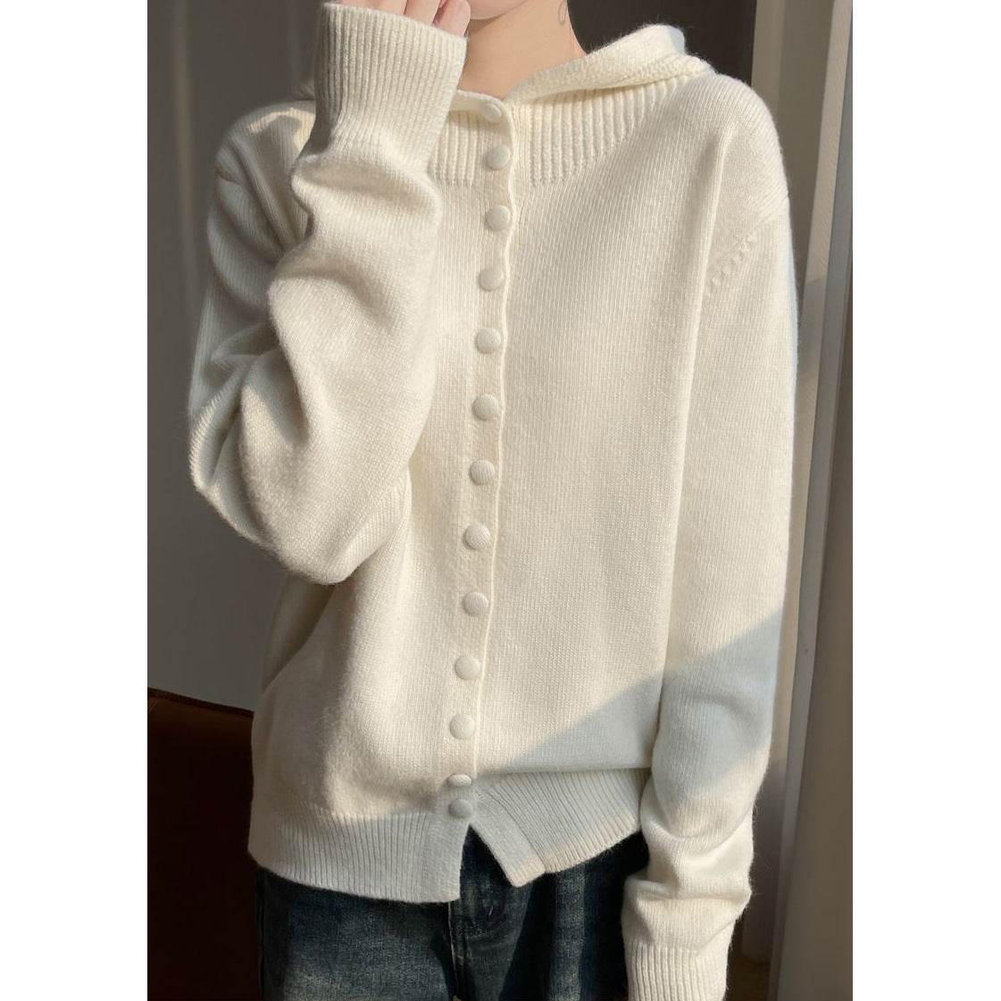 Damen Strickjacke Kapuze Knopfverschluss Eveloria