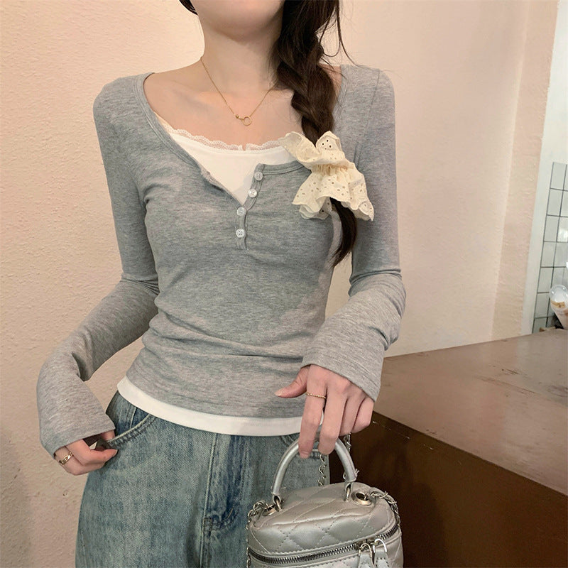 Damen Langarmshirt Knopfverschluss Schleife Weiss Eveloria