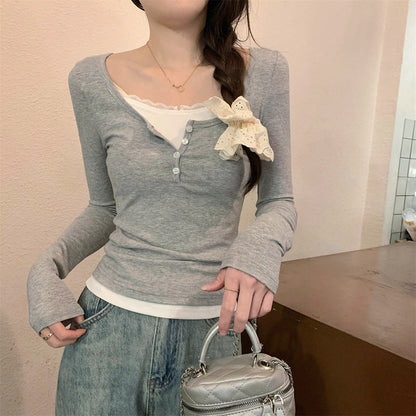 Damen Langarmshirt Knopfverschluss Schleife Weiss Eveloria
