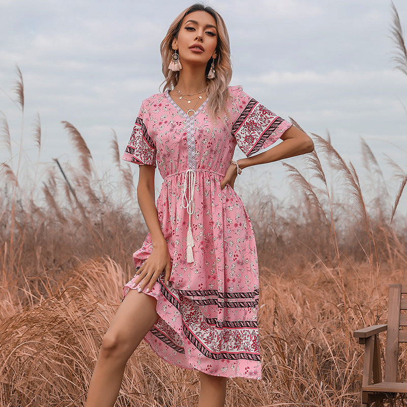 Damen Sommerkleid Boho florales Design Taillenzug