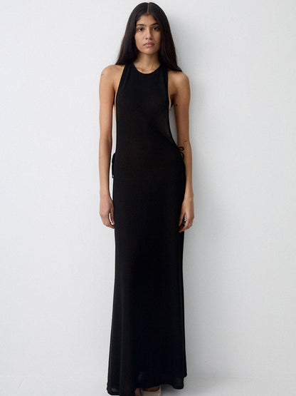 Damen Seidenkleid Lang Elegant Schleifen