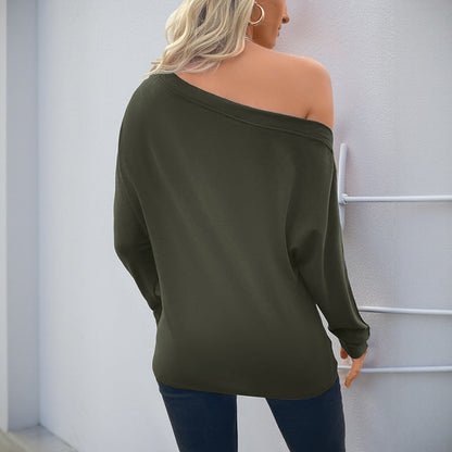 Damen Oversized Langarmshirt Asymmetrischer Ausschnitt Feine Knöpfe