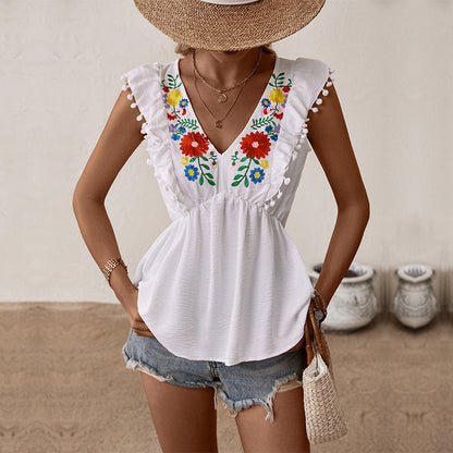 Damen Bluse mit Blumenstickerei und Rüschen Details