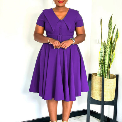 Damen A-Linien Kleid mit Kragen und Bindegürtel Elegant