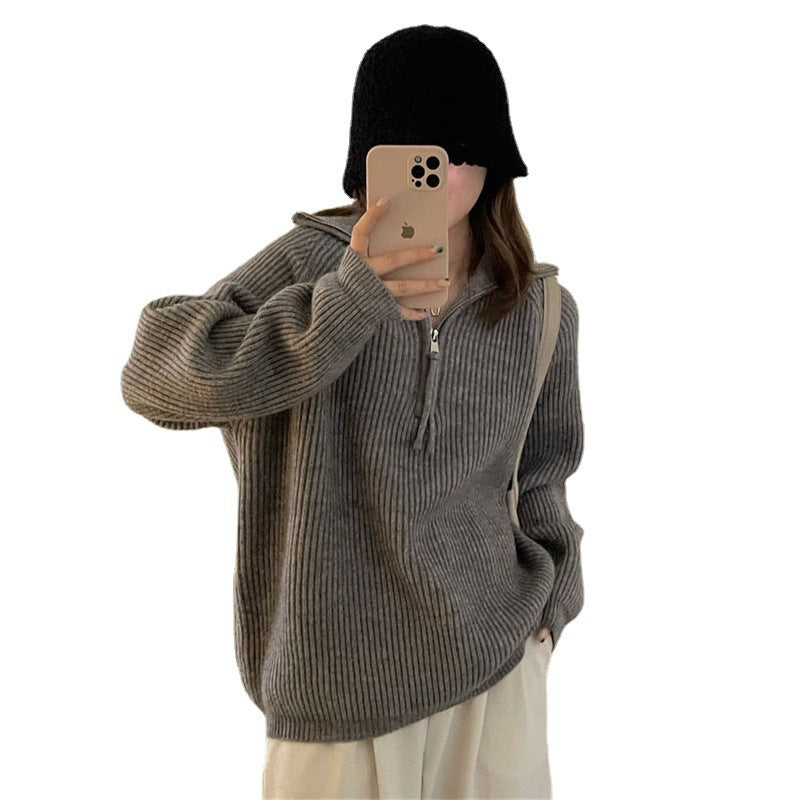 Damen Grobstrickpullover Reißverschluss Hoher Kragen Eveloria