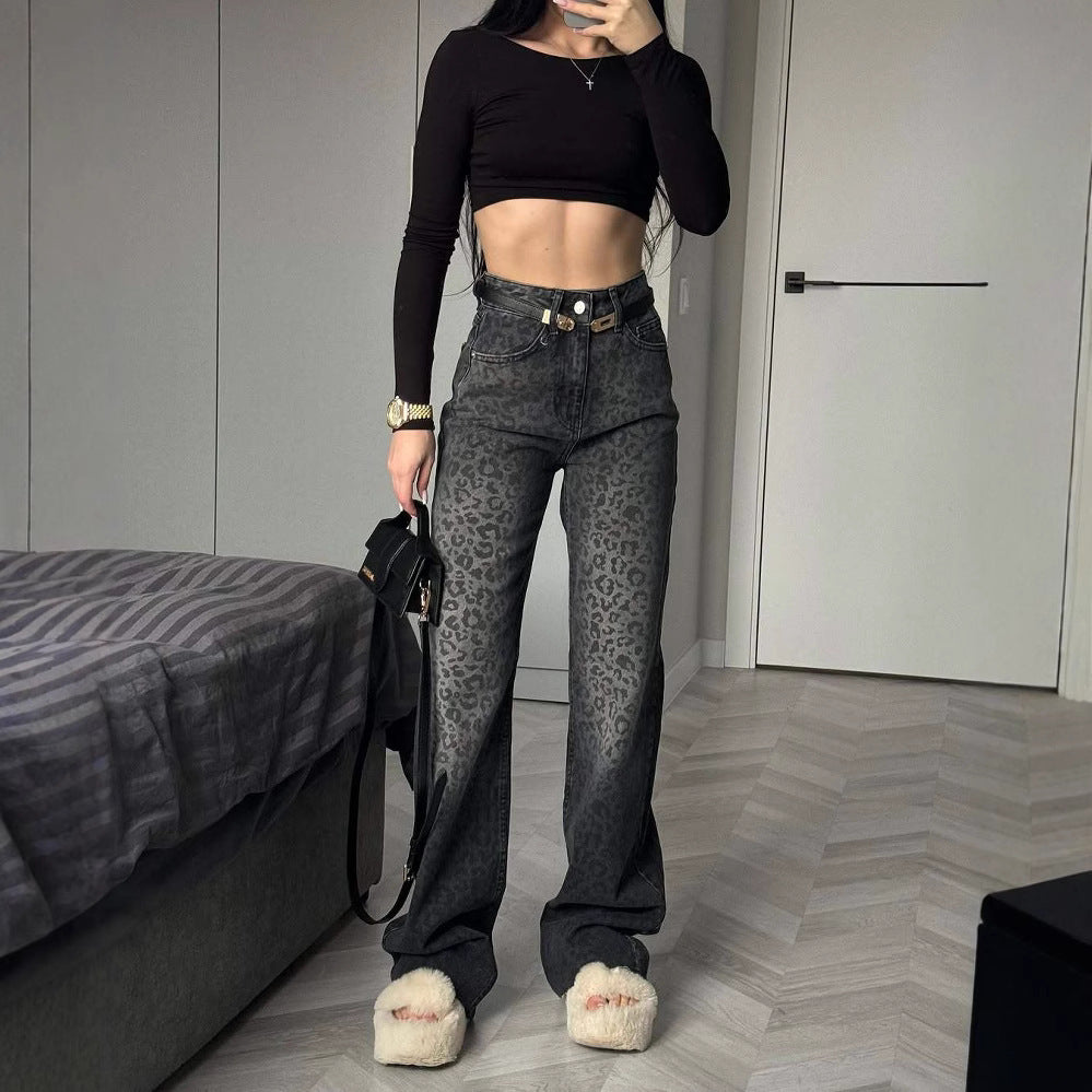 Damen Hochtaillierte Leopardenjeans Weites Bein