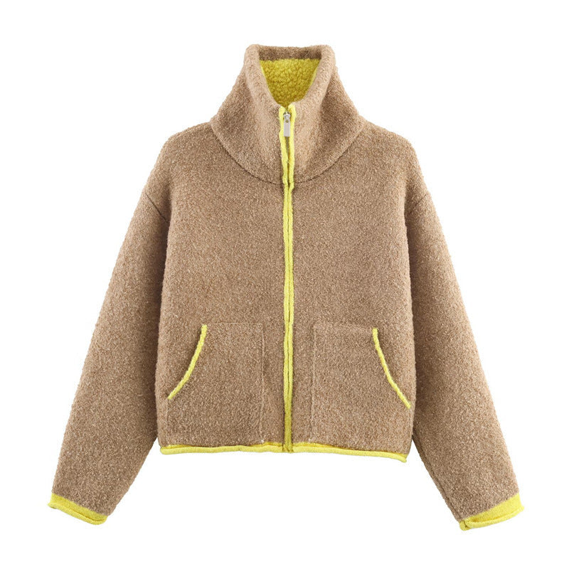 Damen Fleecejacke Oversized Hochkragen Praktische Taschen